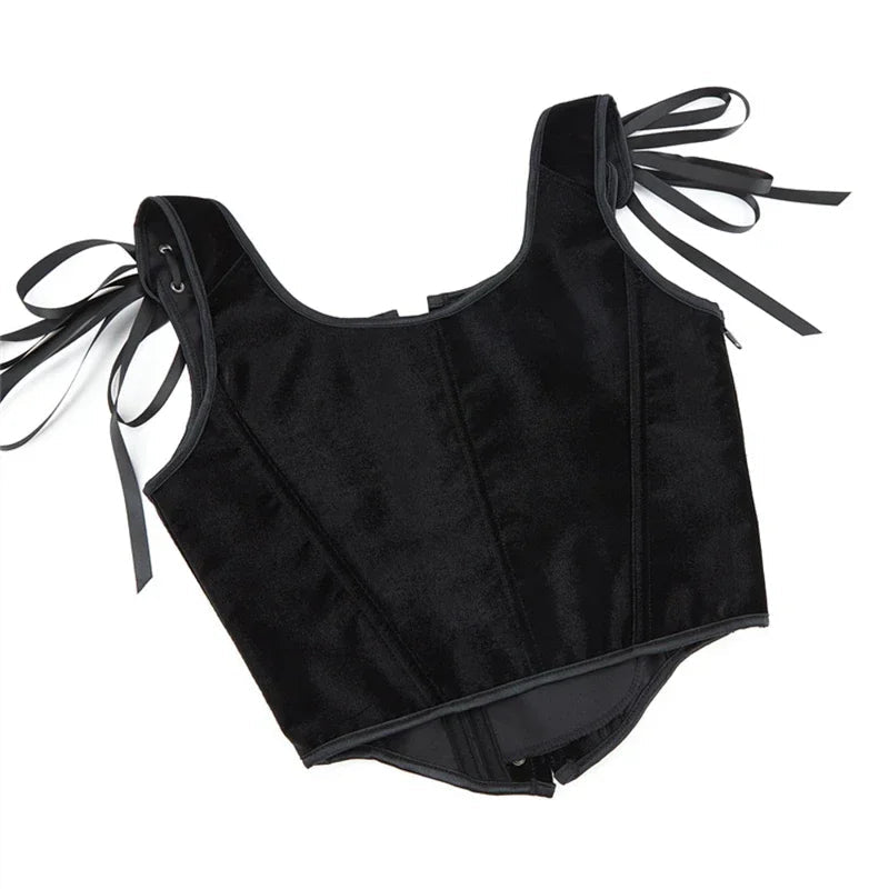 Black Velvet Sexy Overbust Corset Crop Tops Women Front Lace Up Side Zipper Shoulder Strap Bustier Vest Slimming Shaper Camis - MAGUSTA BEAUTY