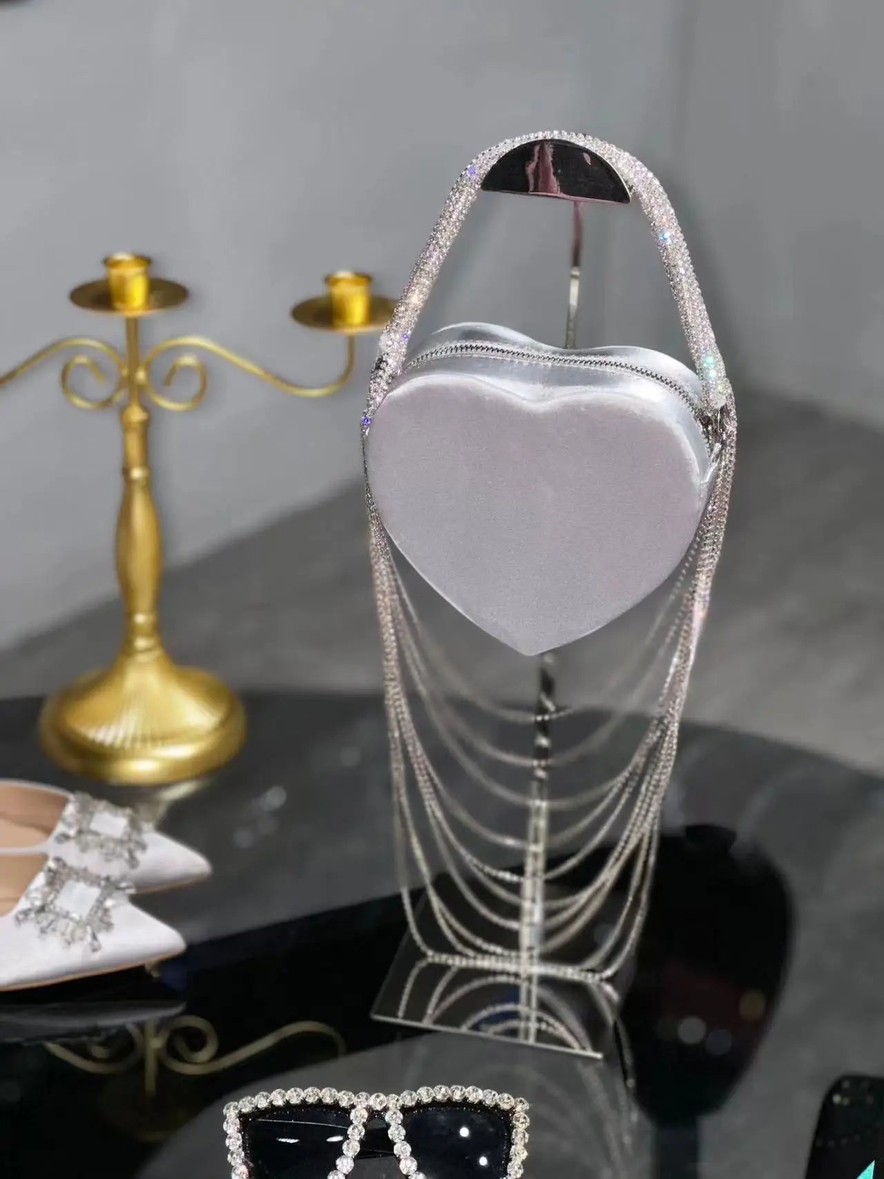 Bling Tassel Heart-shape Satin Bag Glitter Rhinestone Diamond Evening Bag Women Handbag Wedding Party Clutch Purse Crossbody Bag - MAGUSTA BEAUTY
