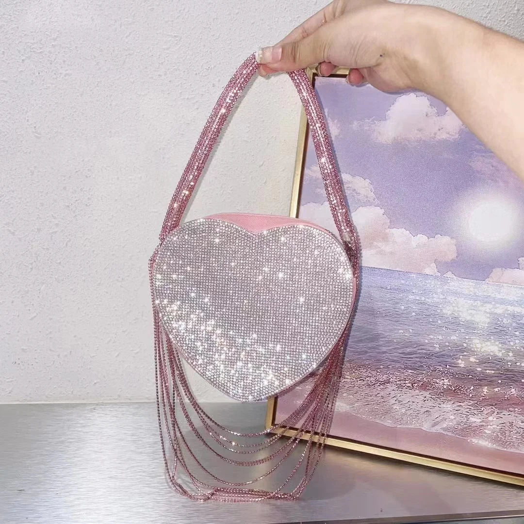 Bling Tassel Heart-shape Satin Bag Glitter Rhinestone Diamond Evening Bag Women Handbag Wedding Party Clutch Purse Crossbody Bag - MAGUSTA BEAUTY