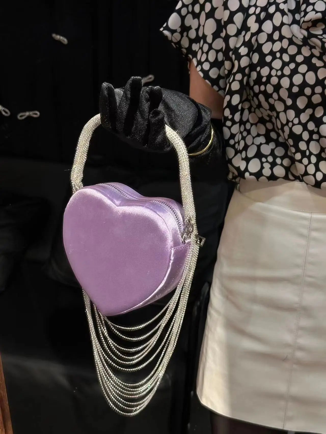 Bling Tassel Heart-shape Satin Bag Glitter Rhinestone Diamond Evening Bag Women Handbag Wedding Party Clutch Purse Crossbody Bag - MAGUSTA BEAUTY