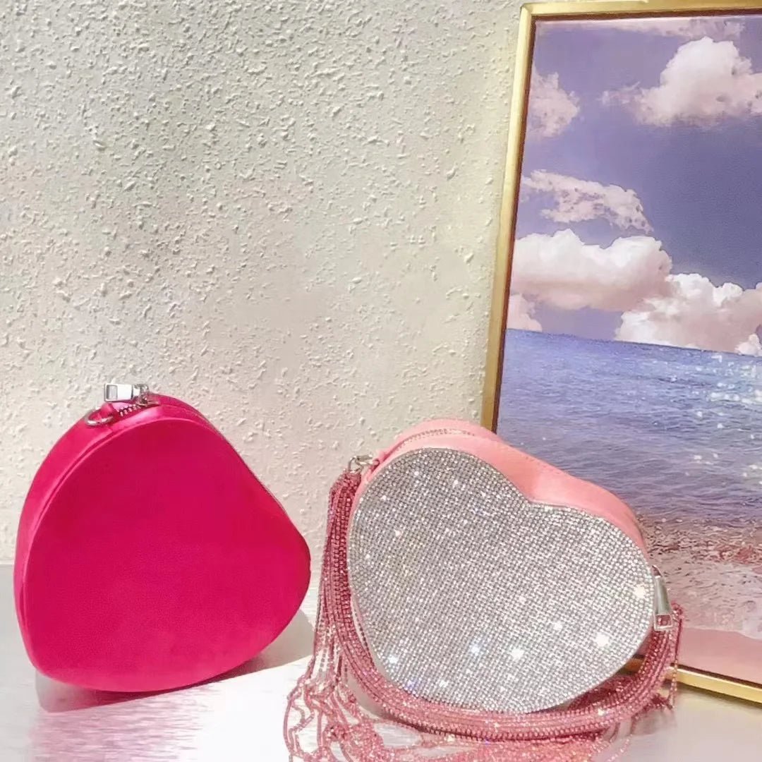 Bling Tassel Heart-shape Satin Bag Glitter Rhinestone Diamond Evening Bag Women Handbag Wedding Party Clutch Purse Crossbody Bag - MAGUSTA BEAUTY