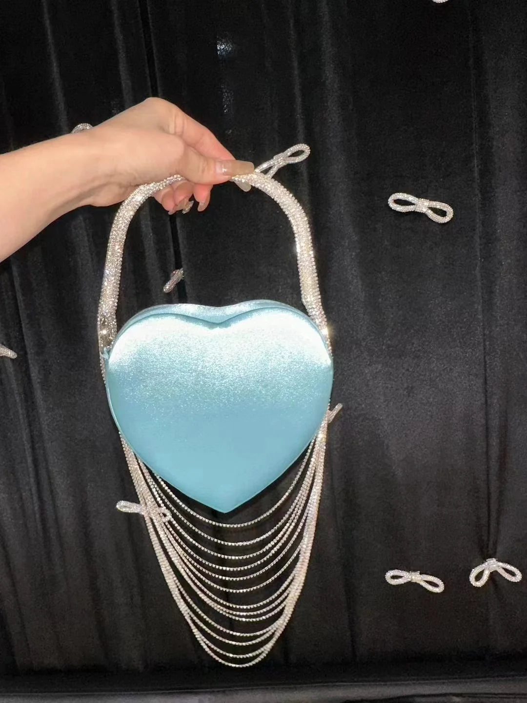 Bling Tassel Heart-shape Satin Bag Glitter Rhinestone Diamond Evening Bag Women Handbag Wedding Party Clutch Purse Crossbody Bag - MAGUSTA BEAUTY