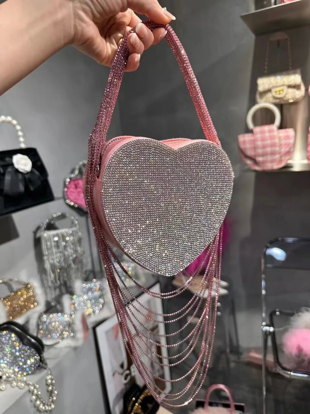 Bling Tassel Heart-shape Satin Bag Glitter Rhinestone Diamond Evening Bag Women Handbag Wedding Party Clutch Purse Crossbody Bag - MAGUSTA BEAUTY