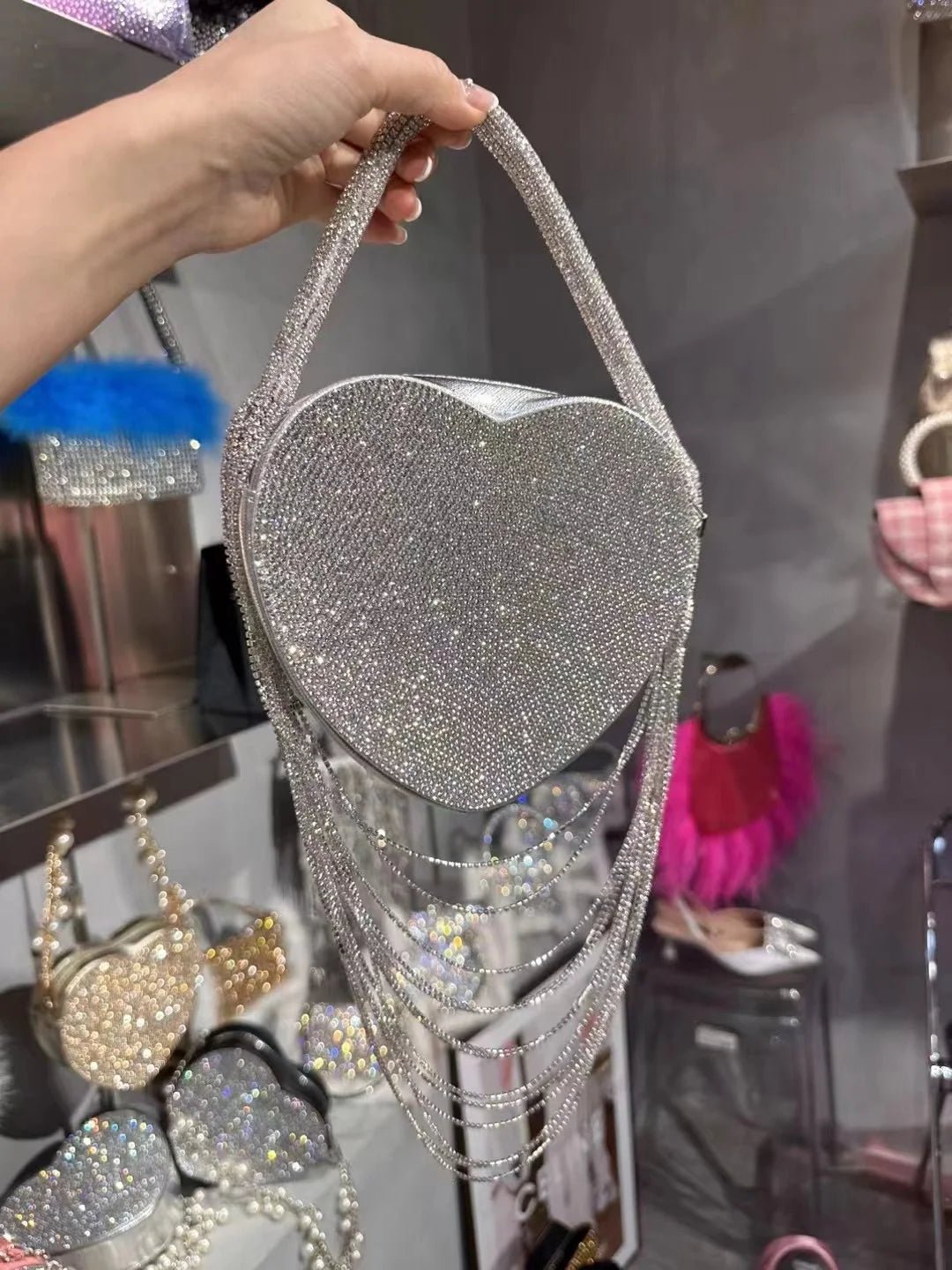 Bling Tassel Heart-shape Satin Bag Glitter Rhinestone Diamond Evening Bag Women Handbag Wedding Party Clutch Purse Crossbody Bag - MAGUSTA BEAUTY