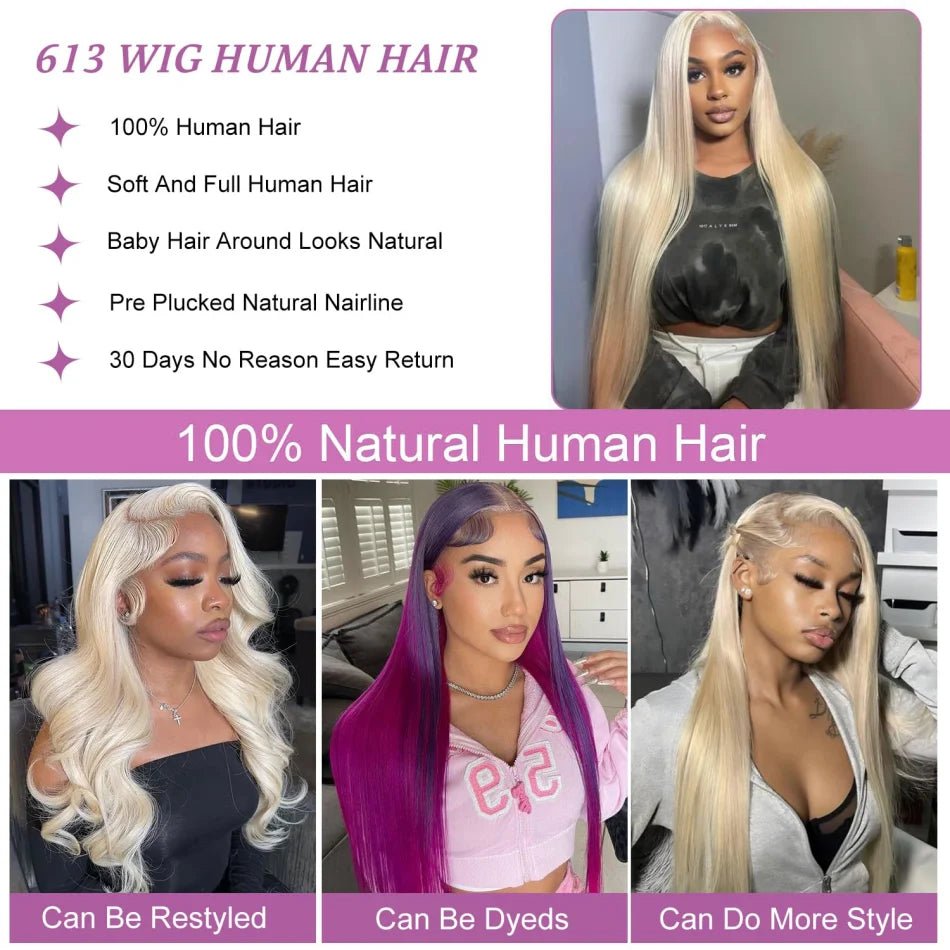Blonde 613 Human Hair Wigs Straight Hd Lace Frontal Wig 13X6 Brazilian Wig For Black Women 30 40 Inch Lace Front Wig 230 Density - MAGUSTA BEAUTY