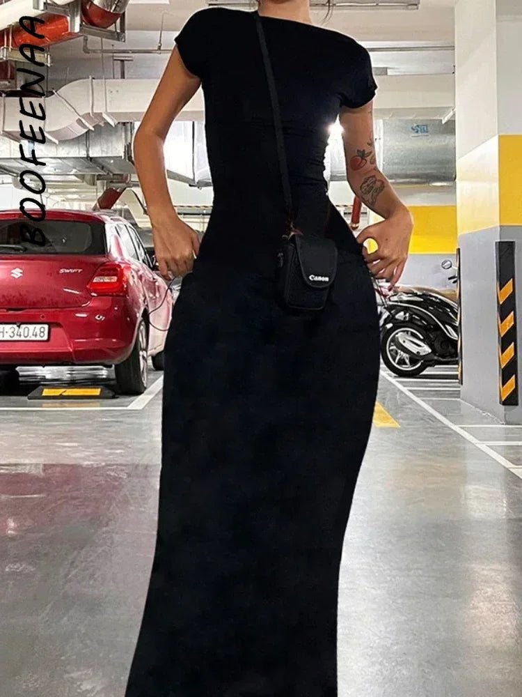 BOOFEENAA Short Sleeve Backless Long Dresses Sexy Outfits for Women Clothes Basics Casual Bodycon Grey Black Dress C71-BH23 - MAGUSTA BEAUTY