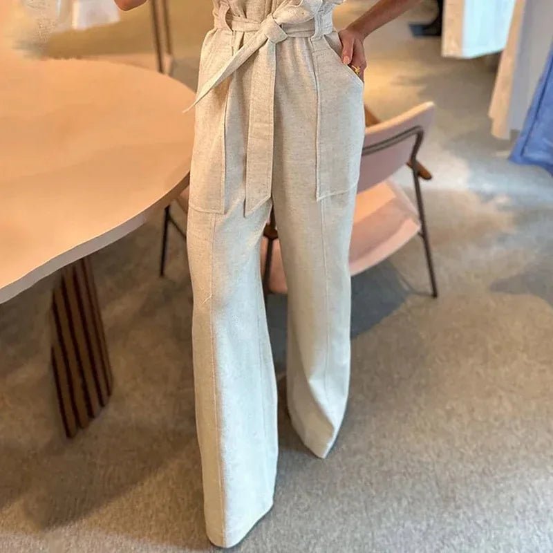Boutique Wholesale 2026 Summer New Fashion Polo Neck Tie Waist Solid Color Wide Leg Women's Jumpsuit - MAGUSTA BEAUTY