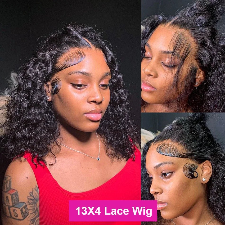 Brazilian 100% Human Deep Curly Bob Hair Wigs Natural Black Color Deep Wave HD Lace Front Part 13x4 Transparent Lace Wigs - MAGUSTA BEAUTY