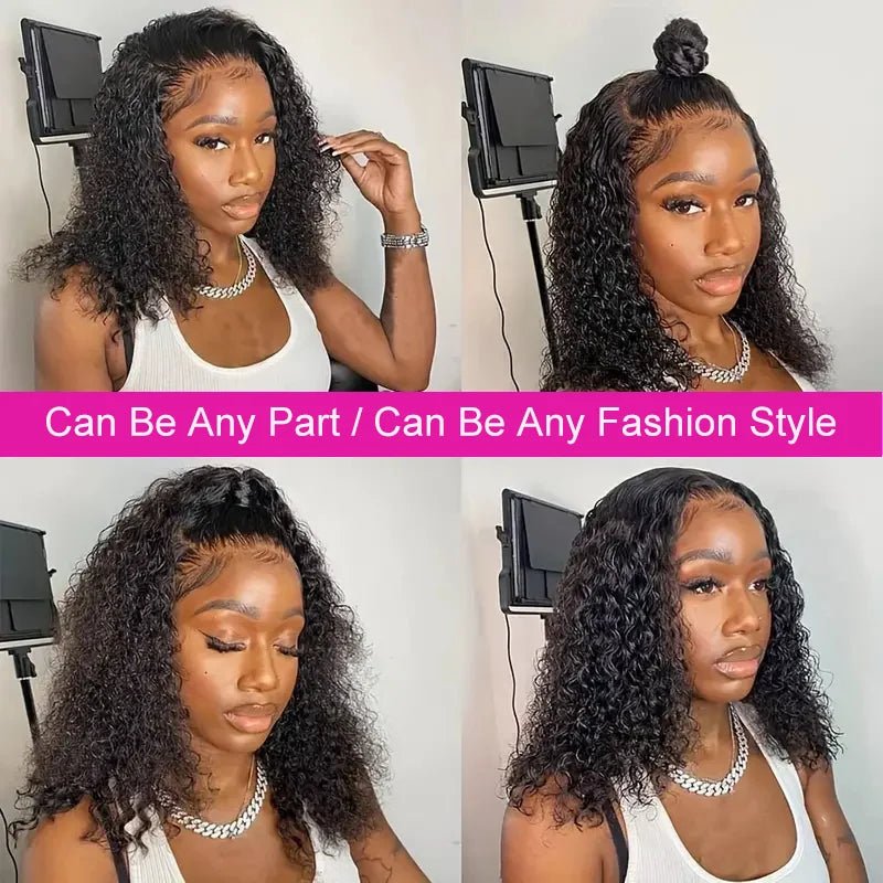Brazilian 100% Human Deep Curly Bob Hair Wigs Natural Black Color Deep Wave HD Lace Front Part 13x4 Transparent Lace Wigs - MAGUSTA BEAUTY