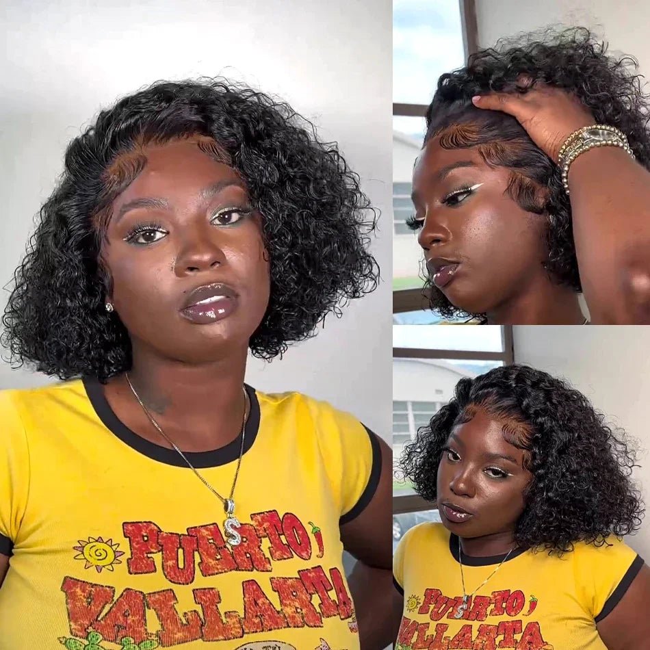 Brazilian 100% Human Deep Curly Bob Hair Wigs Natural Black Color Deep Wave HD Lace Front Part 13x4 Transparent Lace Wigs - MAGUSTA BEAUTY