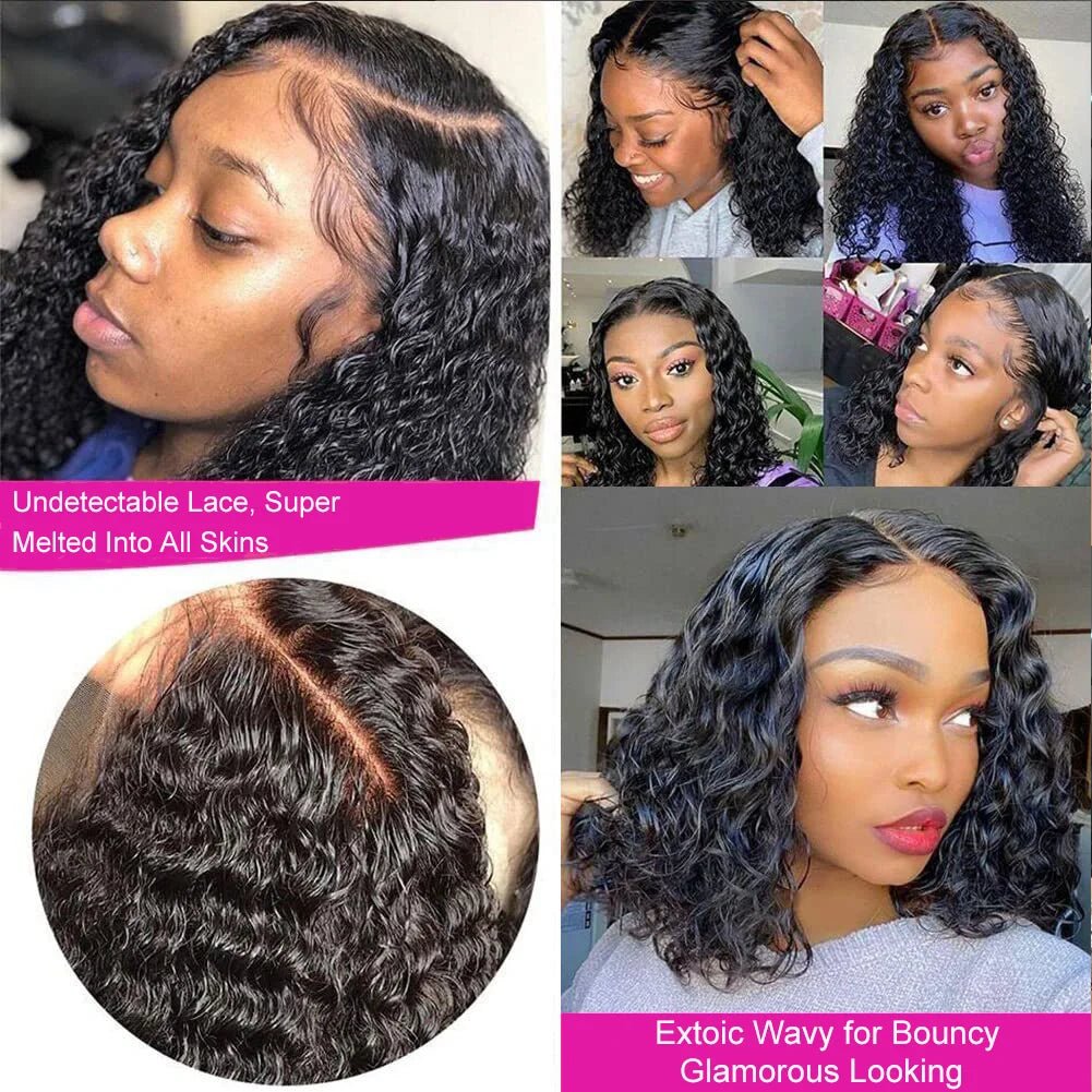 Brazilian 100% Human Deep Curly Bob Hair Wigs Natural Black Color Deep Wave HD Lace Front Part 13x4 Transparent Lace Wigs - MAGUSTA BEAUTY