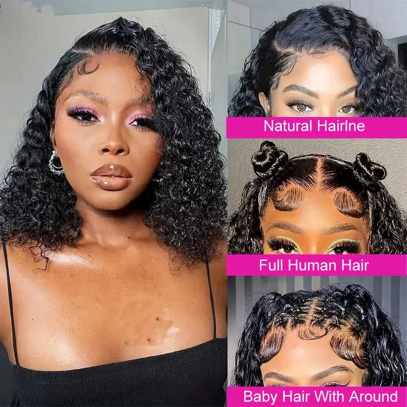 Brazilian 100% Human Deep Curly Bob Hair Wigs Natural Black Color Deep Wave HD Lace Front Part 13x4 Transparent Lace Wigs - MAGUSTA BEAUTY