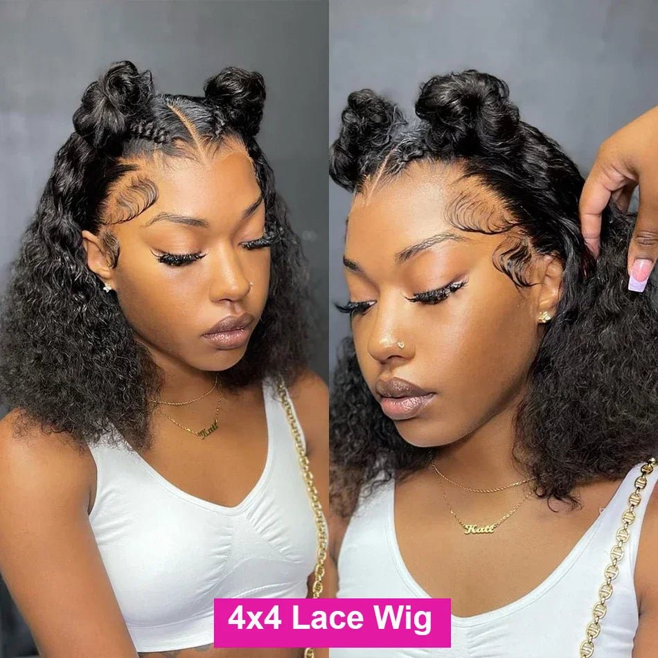 Brazilian 100% Human Deep Curly Bob Hair Wigs Natural Black Color Deep Wave HD Lace Front Part 13x4 Transparent Lace Wigs - MAGUSTA BEAUTY