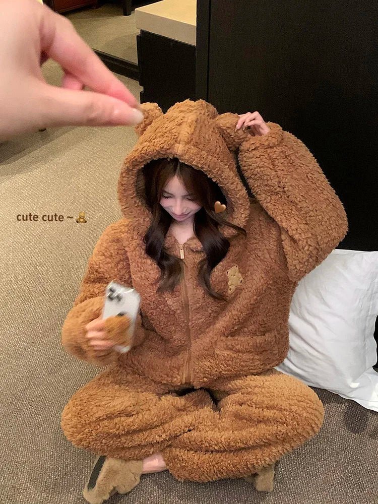 Brown Furry Pajama Sets Fluffy Teddy Bear Hooded Zipper Sleepwear Women Plush Warm Thick Christmas Homewear Y2K Kawaii Nightwear - MAGUSTA BEAUTY