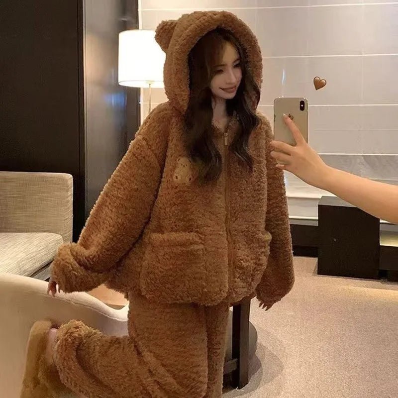 Brown Furry Pajama Sets Fluffy Teddy Bear Hooded Zipper Sleepwear Women Plush Warm Thick Christmas Homewear Y2K Kawaii Nightwear - MAGUSTA BEAUTY