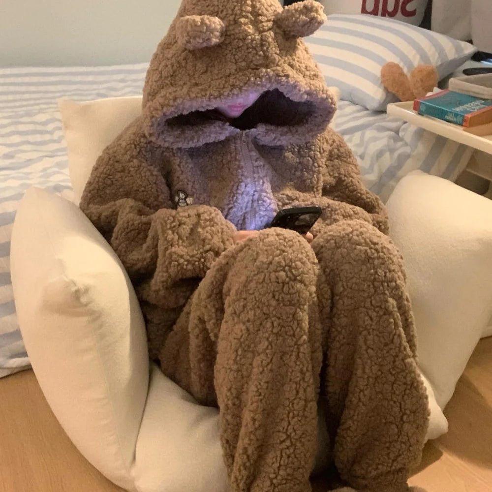 Brown Furry Pajama Sets Fluffy Teddy Bear Hooded Zipper Sleepwear Women Plush Warm Thick Christmas Homewear Y2K Kawaii Nightwear - MAGUSTA BEAUTY