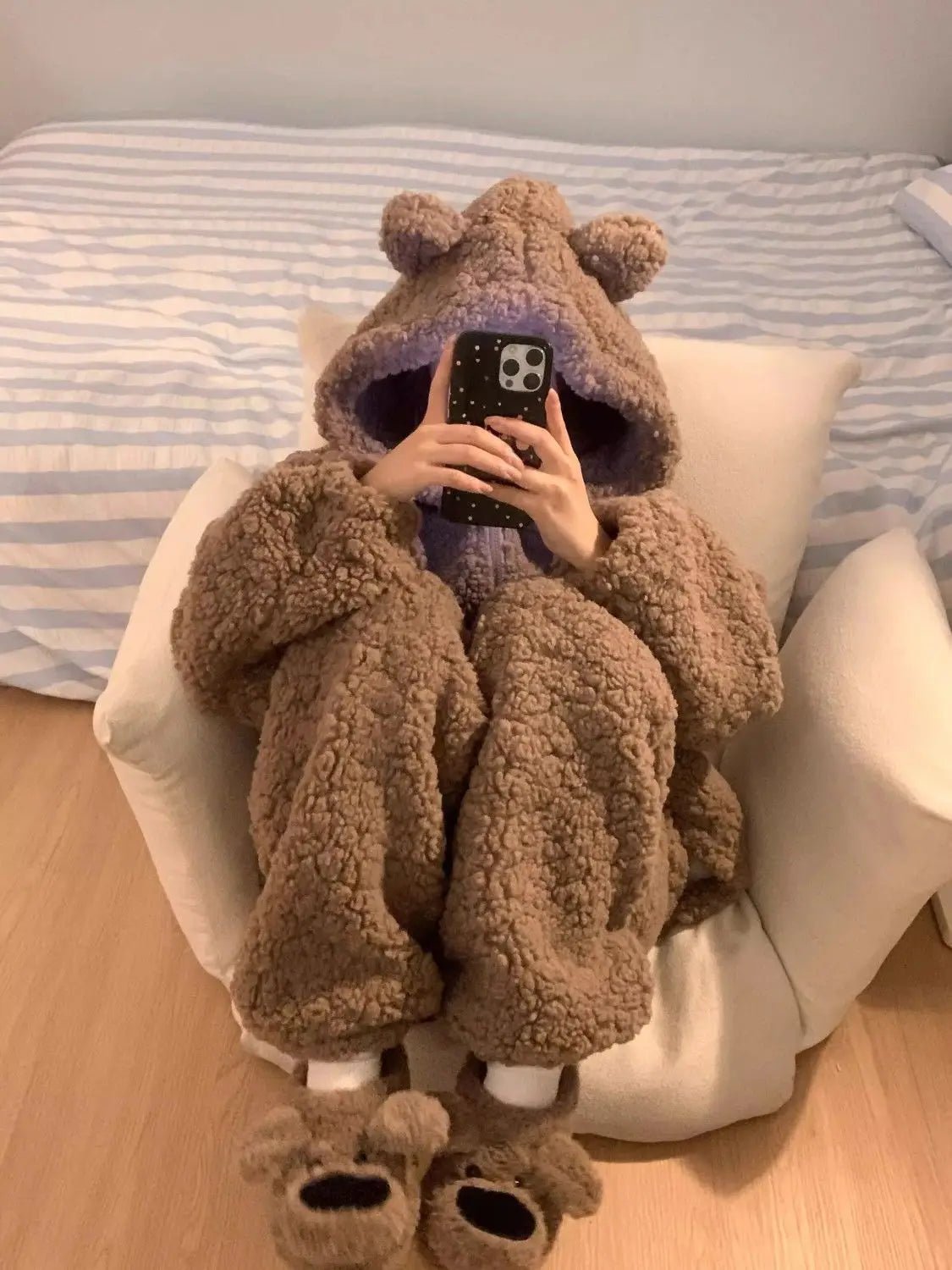 Brown Furry Pajama Sets Fluffy Teddy Bear Hooded Zipper Sleepwear Women Plush Warm Thick Christmas Homewear Y2K Kawaii Nightwear - MAGUSTA BEAUTY
