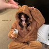 Brown Furry Pajama Sets Fluffy Teddy Bear Hooded Zipper Sleepwear Women Plush Warm Thick Christmas Homewear Y2K Kawaii Nightwear - MAGUSTA BEAUTY