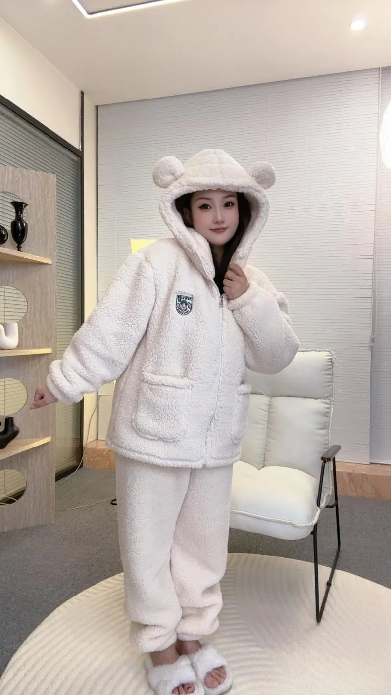 Brown Furry Pajama Sets Fluffy Teddy Bear Hooded Zipper Sleepwear Women Plush Warm Thick Christmas Homewear Y2K Kawaii Nightwear - MAGUSTA BEAUTY