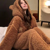 Brown Furry Pajama Sets Fluffy Teddy Bear Hooded Zipper Sleepwear Women Plush Warm Thick Christmas Homewear Y2K Kawaii Nightwear - MAGUSTA BEAUTY