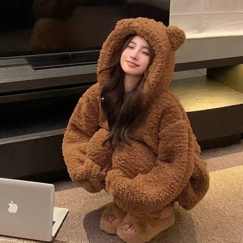 Brown Furry Pajama Sets Fluffy Teddy Bear Hooded Zipper Sleepwear Women Plush Warm Thick Christmas Homewear Y2K Kawaii Nightwear - MAGUSTA BEAUTY