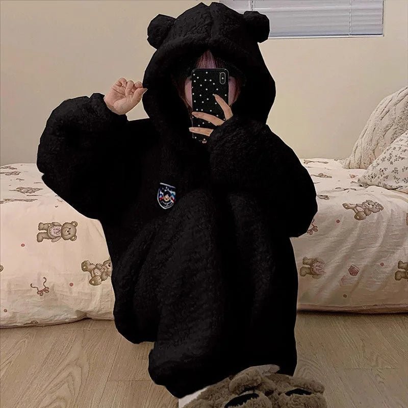 Brown Furry Pajama Sets Fluffy Teddy Bear Hooded Zipper Sleepwear Women Plush Warm Thick Christmas Homewear Y2K Kawaii Nightwear - MAGUSTA BEAUTY