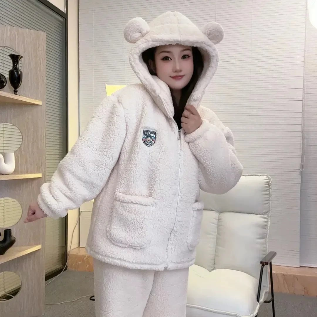 Brown Furry Pajama Sets Fluffy Teddy Bear Hooded Zipper Sleepwear Women Plush Warm Thick Christmas Homewear Y2K Kawaii Nightwear - MAGUSTA BEAUTY
