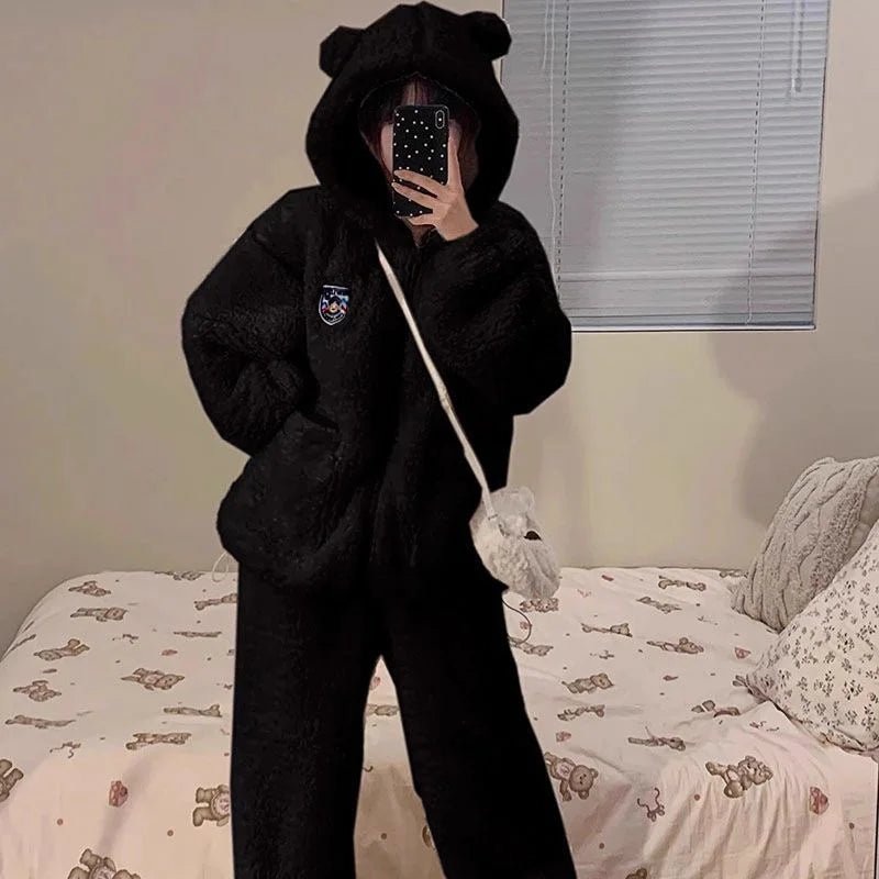 Brown Furry Pajama Sets Fluffy Teddy Bear Hooded Zipper Sleepwear Women Plush Warm Thick Christmas Homewear Y2K Kawaii Nightwear - MAGUSTA BEAUTY