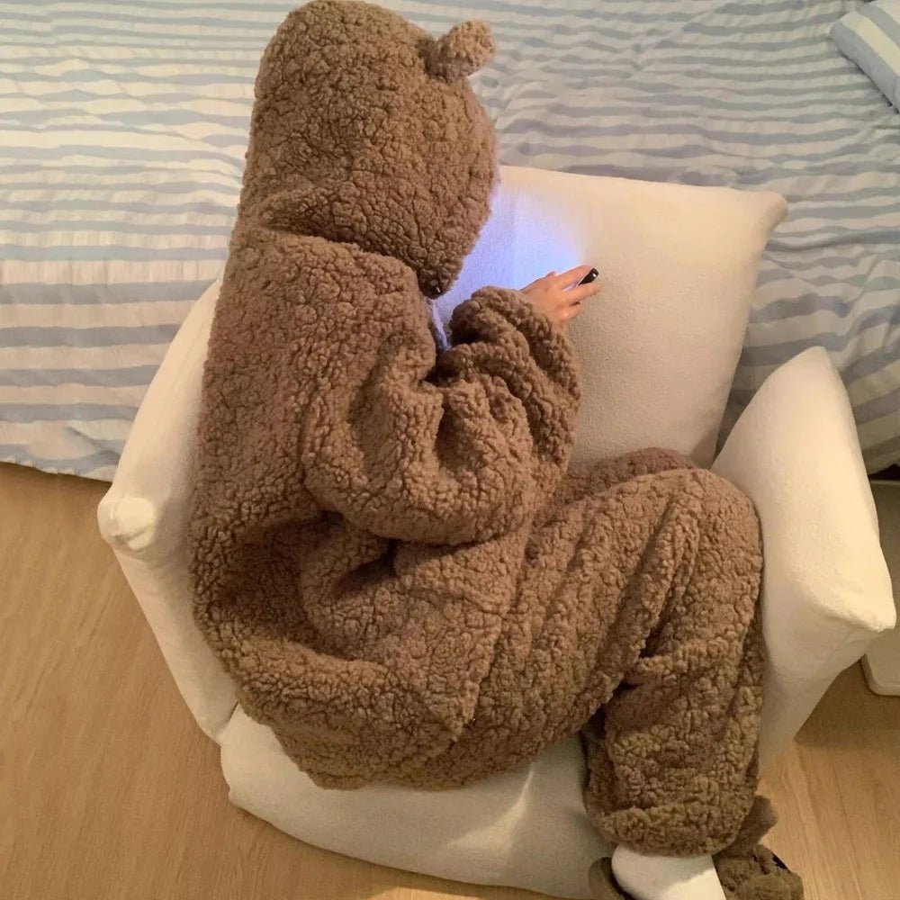 Brown Furry Pajama Sets Fluffy Teddy Bear Hooded Zipper Sleepwear Women Plush Warm Thick Christmas Homewear Y2K Kawaii Nightwear - MAGUSTA BEAUTY