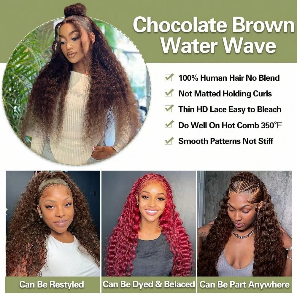 Chocolate Brown Deep Wave 13x6 Lace Front Wig Wig Human Hair Water Wave 250% Density Curly Wig Human Hair Brown Wigs Pre Plucked - MAGUSTA BEAUTY