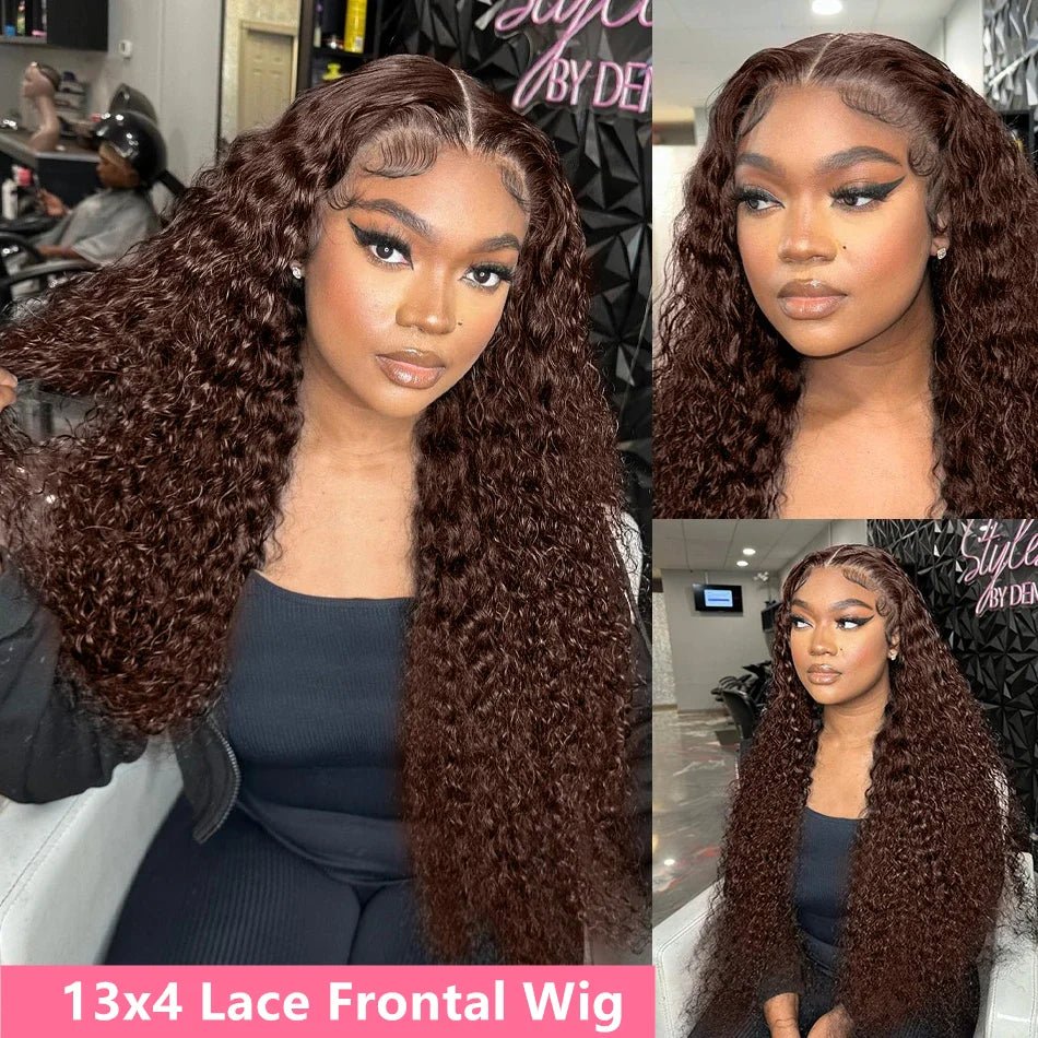 Chocolate Brown Deep Wave 13x6 Lace Front Wig Wig Human Hair Water Wave 250% Density Curly Wig Human Hair Brown Wigs Pre Plucked - MAGUSTA BEAUTY