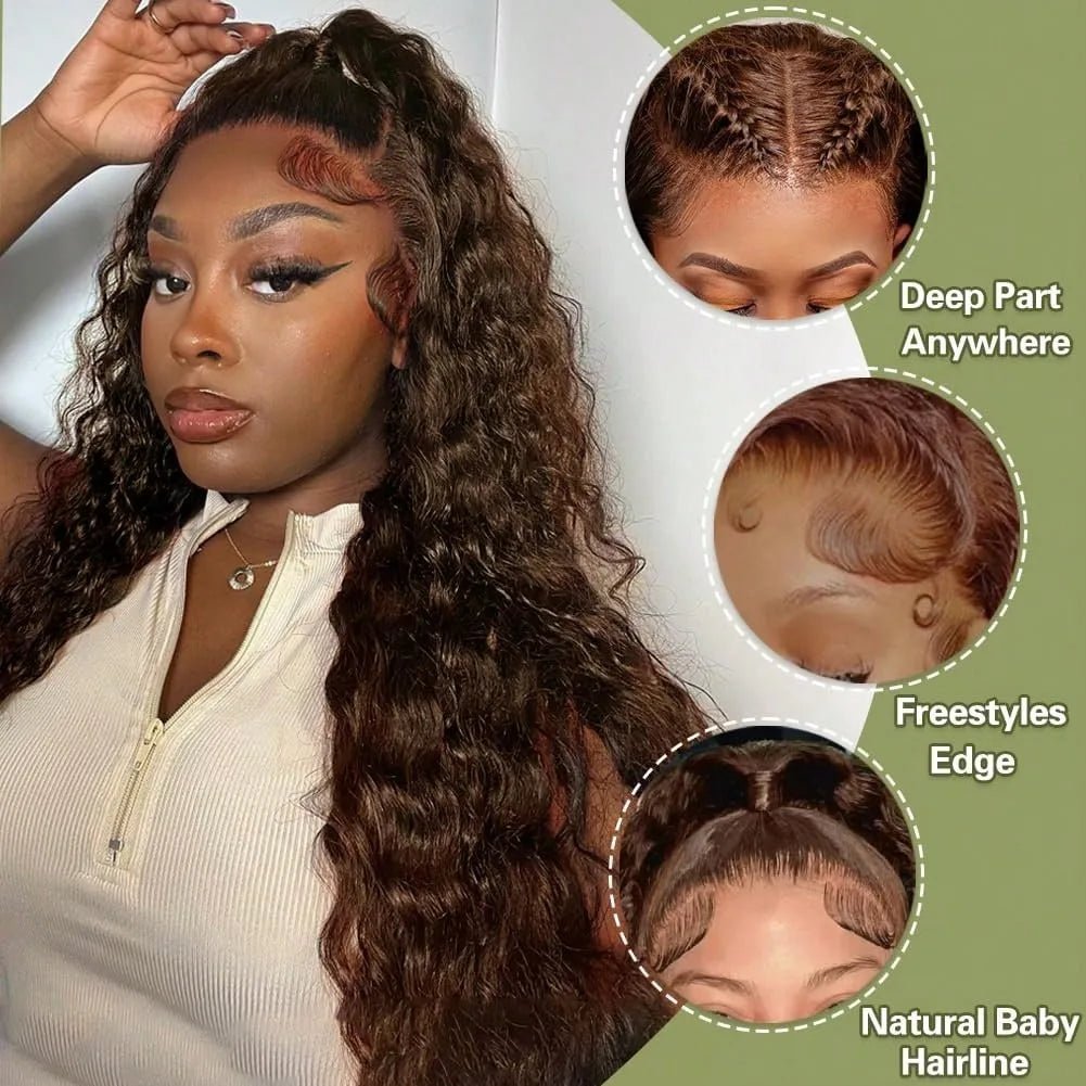 Chocolate Brown Deep Wave 13x6 Lace Front Wig Wig Human Hair Water Wave 250% Density Curly Wig Human Hair Brown Wigs Pre Plucked - MAGUSTA BEAUTY