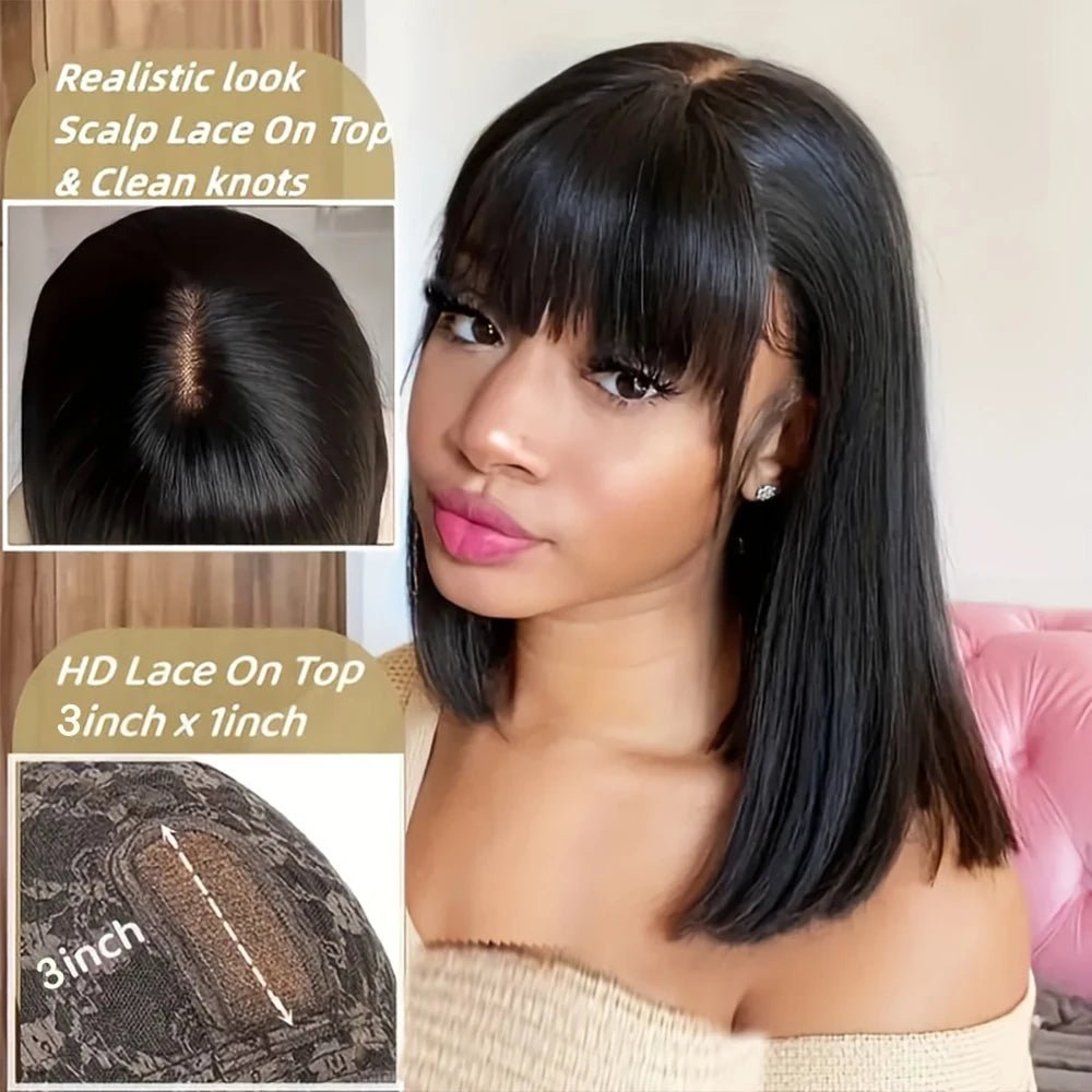 Choice Short Bob Wig Bone Straight 100% Human Hair With Bangs 3x1 Lace Middle Part Wigs For Black Women Bob Wigs - MAGUSTA BEAUTY