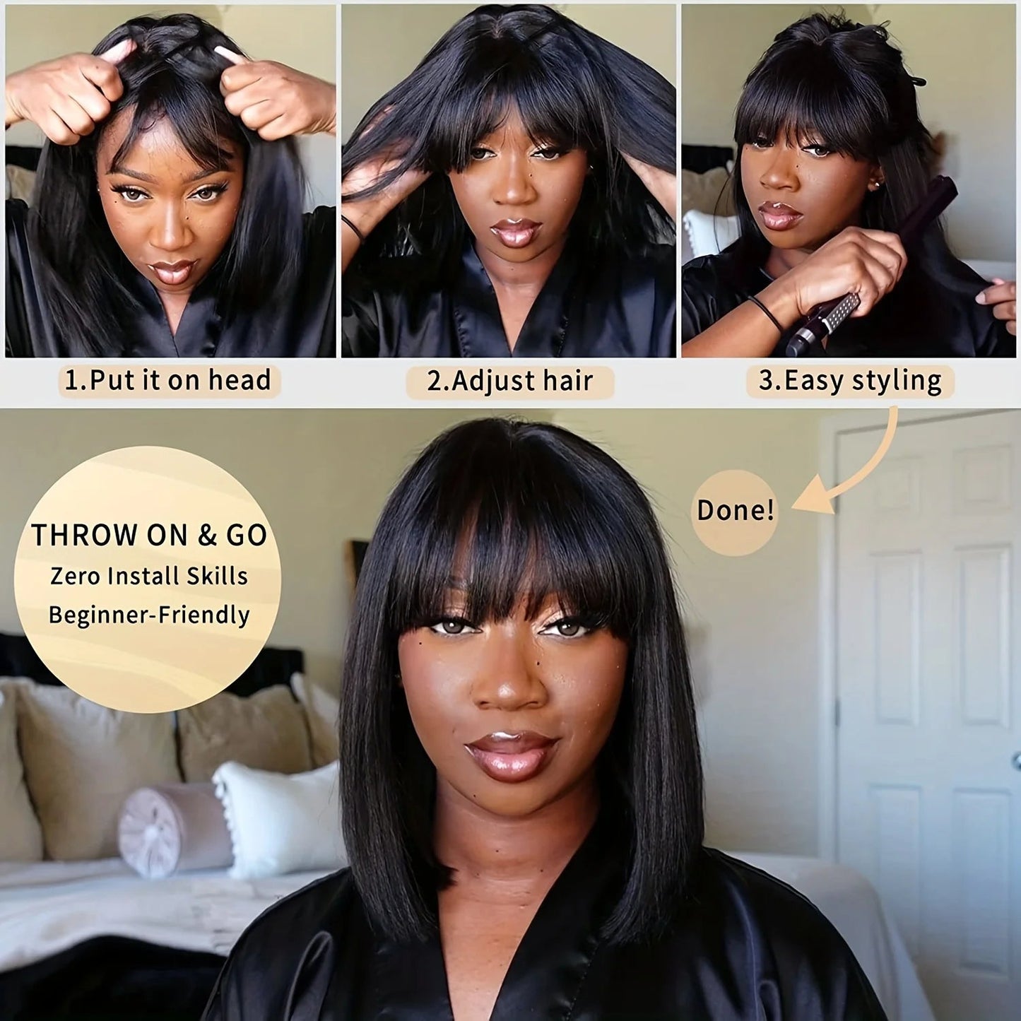 Choice Short Bob Wig Bone Straight 100% Human Hair With Bangs 3x1 Lace Middle Part Wigs For Black Women Bob Wigs - MAGUSTA BEAUTY