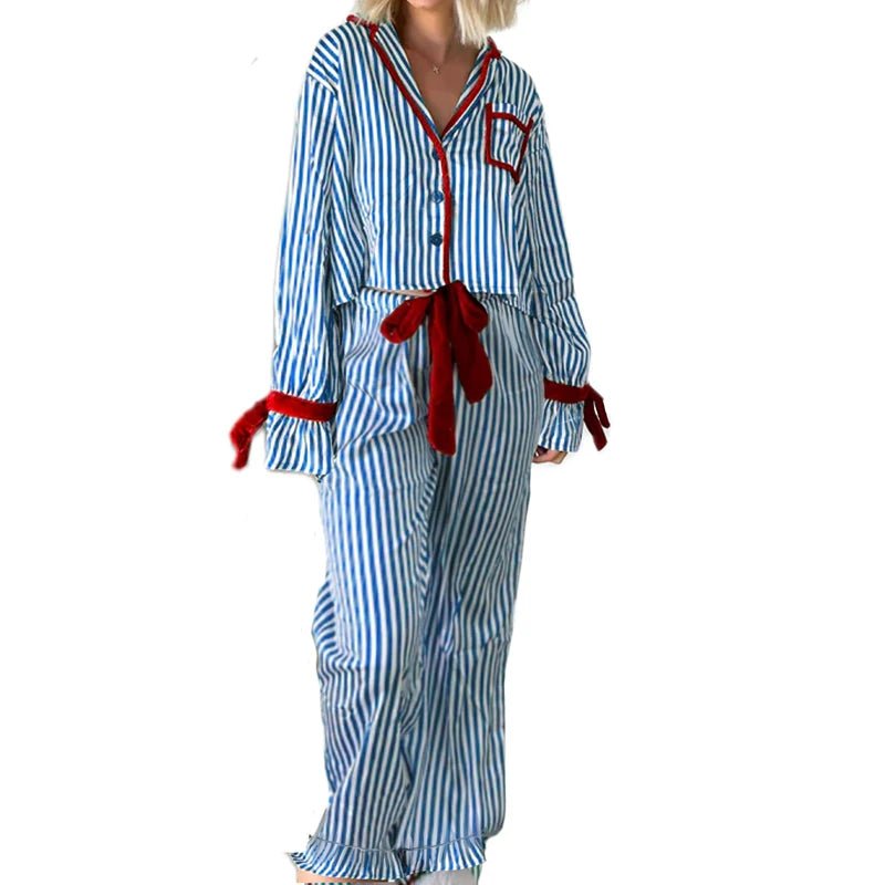 Christmas Pajamas Striped Button Up Crop Blouse Bowknot Long Sleeve Shirt Tops + Wide Leg Pants Women Holiday Lounge Sleepwear - MAGUSTA BEAUTY