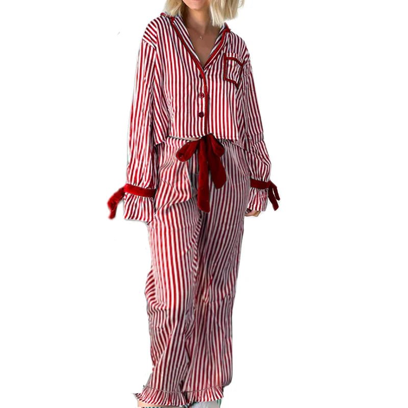 Christmas Pajamas Striped Button Up Crop Blouse Bowknot Long Sleeve Shirt Tops + Wide Leg Pants Women Holiday Lounge Sleepwear - MAGUSTA BEAUTY