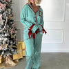 Christmas Pajamas Striped Button Up Crop Blouse Bowknot Long Sleeve Shirt Tops + Wide Leg Pants Women Holiday Lounge Sleepwear - MAGUSTA BEAUTY