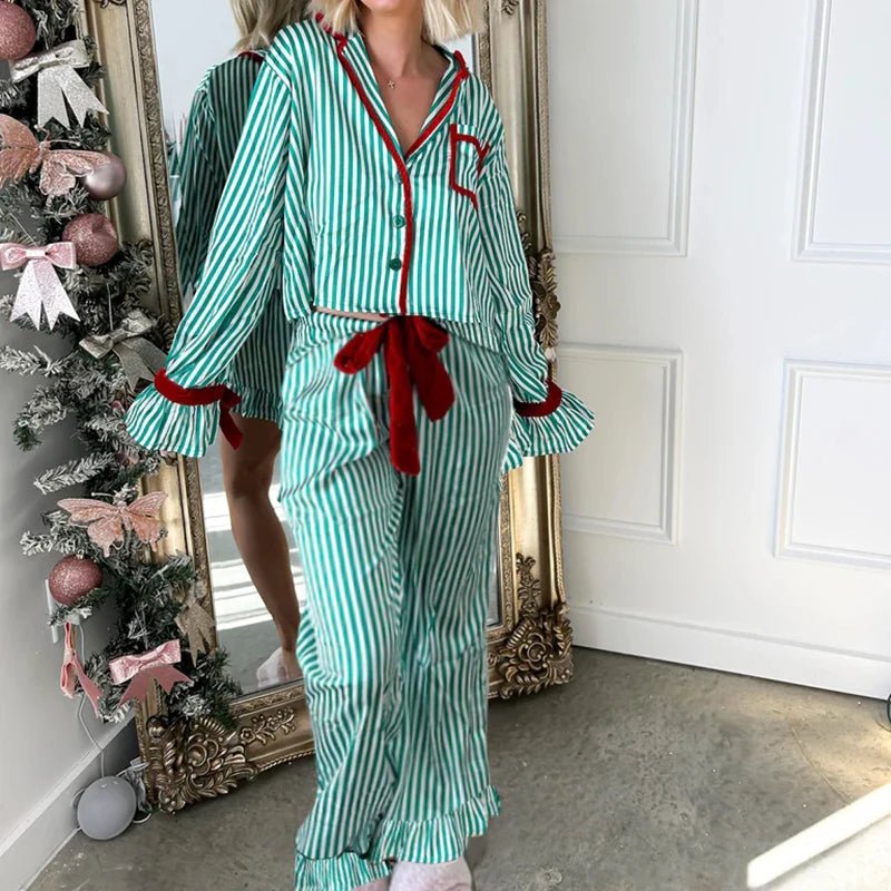 Christmas Pajamas Striped Button Up Crop Blouse Bowknot Long Sleeve Shirt Tops + Wide Leg Pants Women Holiday Lounge Sleepwear - MAGUSTA BEAUTY