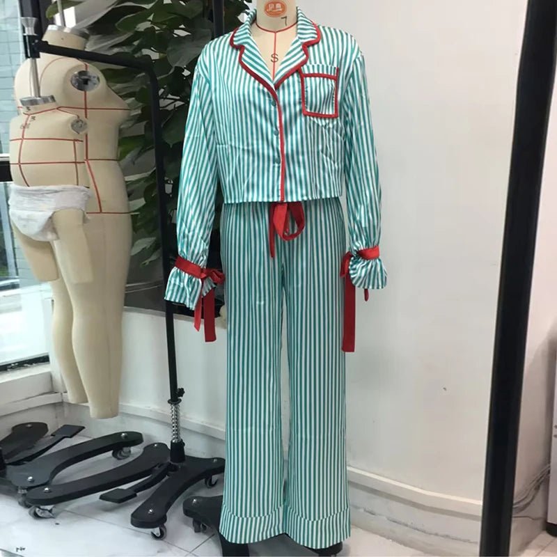 Christmas Pajamas Striped Button Up Crop Blouse Bowknot Long Sleeve Shirt Tops + Wide Leg Pants Women Holiday Lounge Sleepwear - MAGUSTA BEAUTY