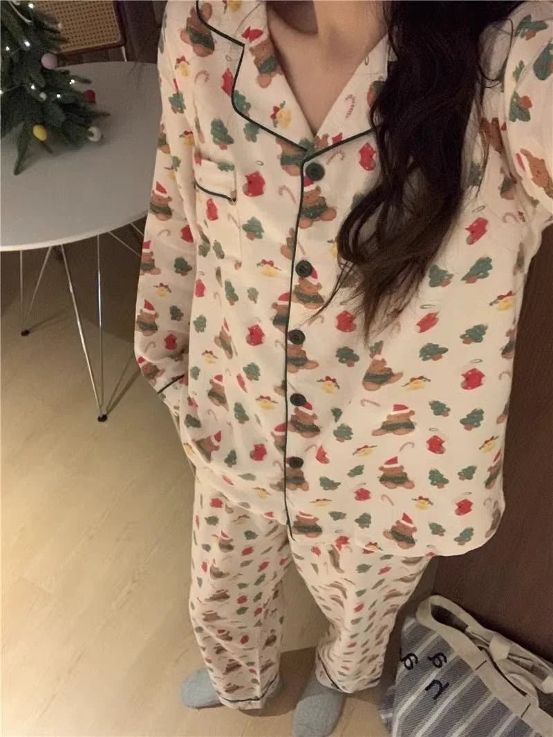 Christmas PJ Set Women Autumn Female Homewear Long Sleeves Button Sleepwear Pajamas Pants Pajama Sets Kawaii Y2K Girls Nightwear - MAGUSTA BEAUTY