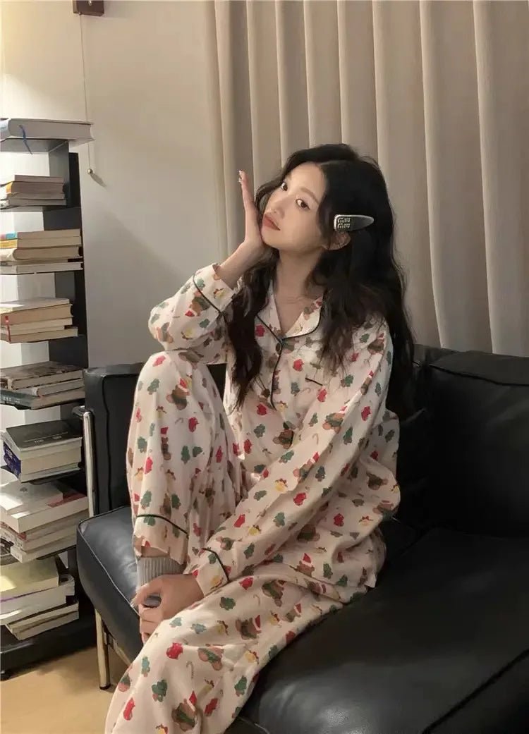 Christmas PJ Set Women Autumn Female Homewear Long Sleeves Button Sleepwear Pajamas Pants Pajama Sets Kawaii Y2K Girls Nightwear - MAGUSTA BEAUTY