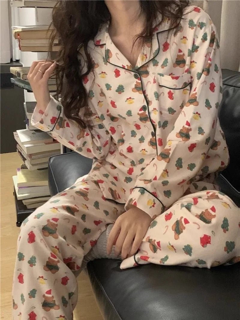 Christmas PJ Set Women Autumn Female Homewear Long Sleeves Button Sleepwear Pajamas Pants Pajama Sets Kawaii Y2K Girls Nightwear - MAGUSTA BEAUTY