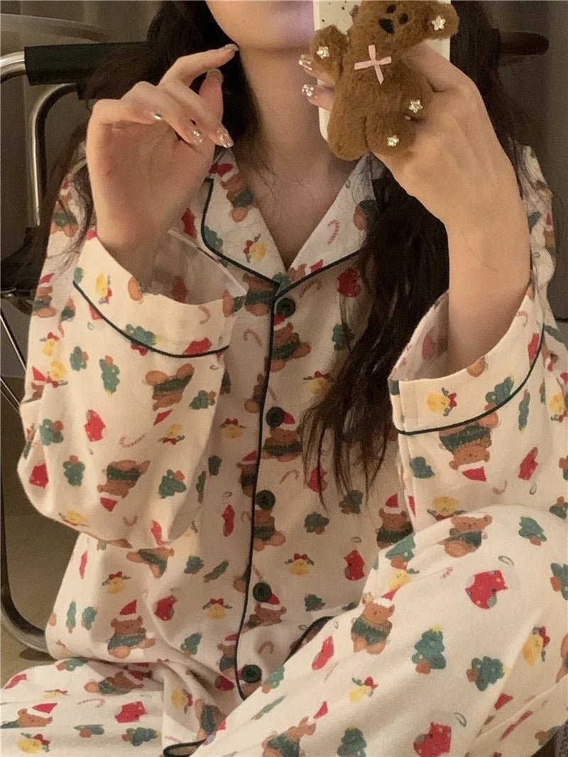 Christmas PJ Set Women Autumn Female Homewear Long Sleeves Button Sleepwear Pajamas Pants Pajama Sets Kawaii Y2K Girls Nightwear - MAGUSTA BEAUTY
