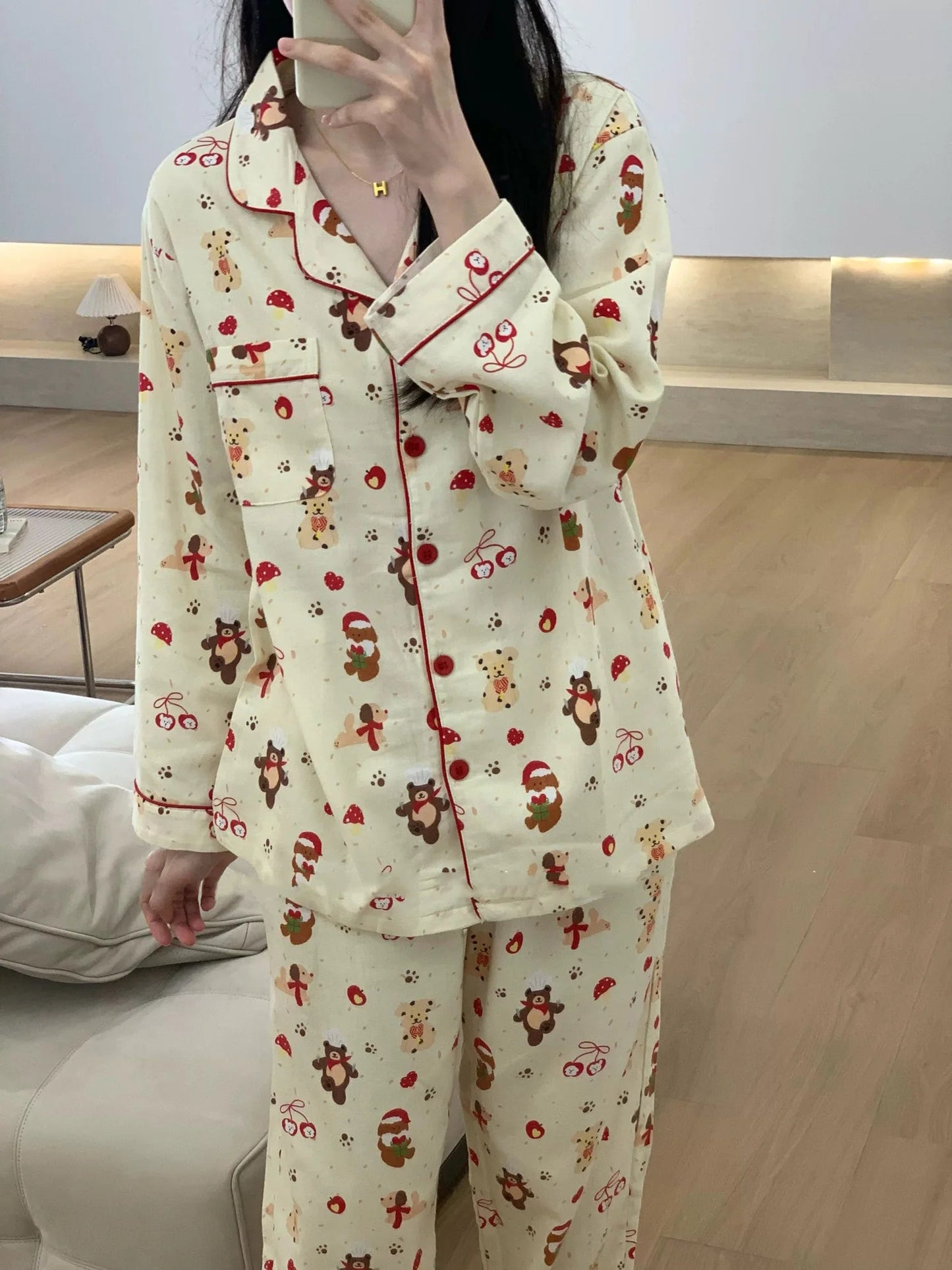 Christmas PJ Set Women Autumn Female Homewear Long Sleeves Button Sleepwear Pajamas Pants Pajama Sets Kawaii Y2K Girls Nightwear - MAGUSTA BEAUTY