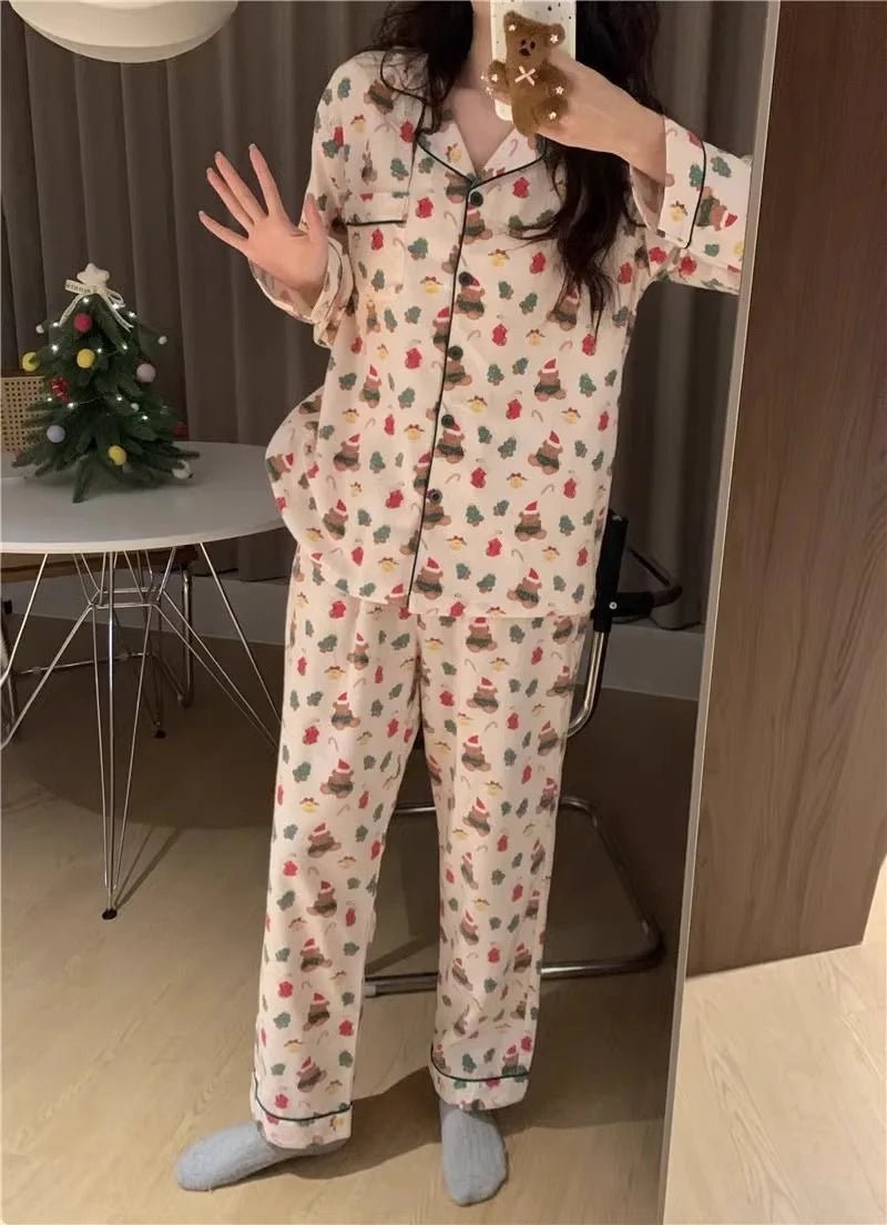 Christmas PJ Set Women Autumn Female Homewear Long Sleeves Button Sleepwear Pajamas Pants Pajama Sets Kawaii Y2K Girls Nightwear - MAGUSTA BEAUTY