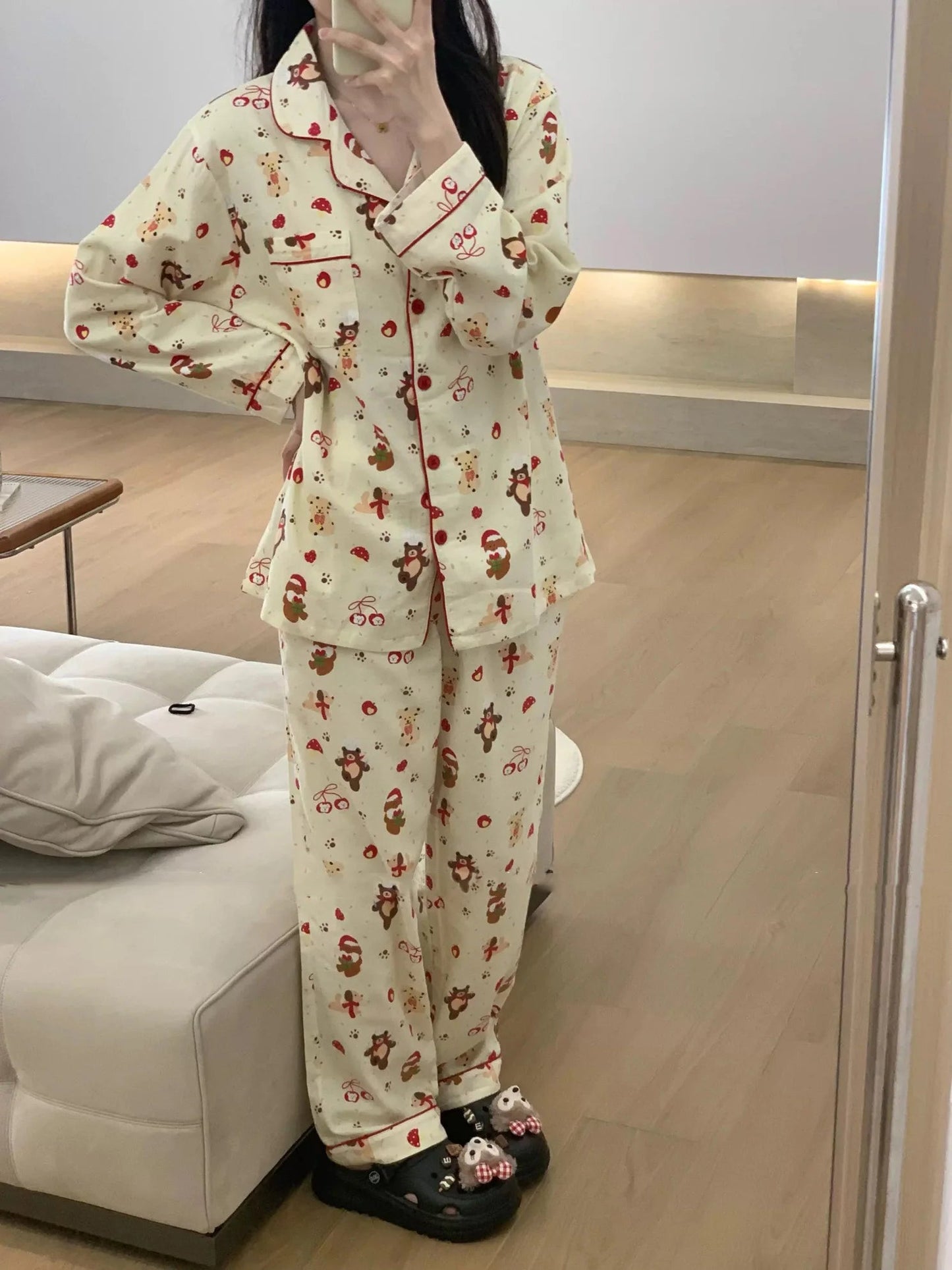 Christmas PJ Set Women Autumn Female Homewear Long Sleeves Button Sleepwear Pajamas Pants Pajama Sets Kawaii Y2K Girls Nightwear - MAGUSTA BEAUTY