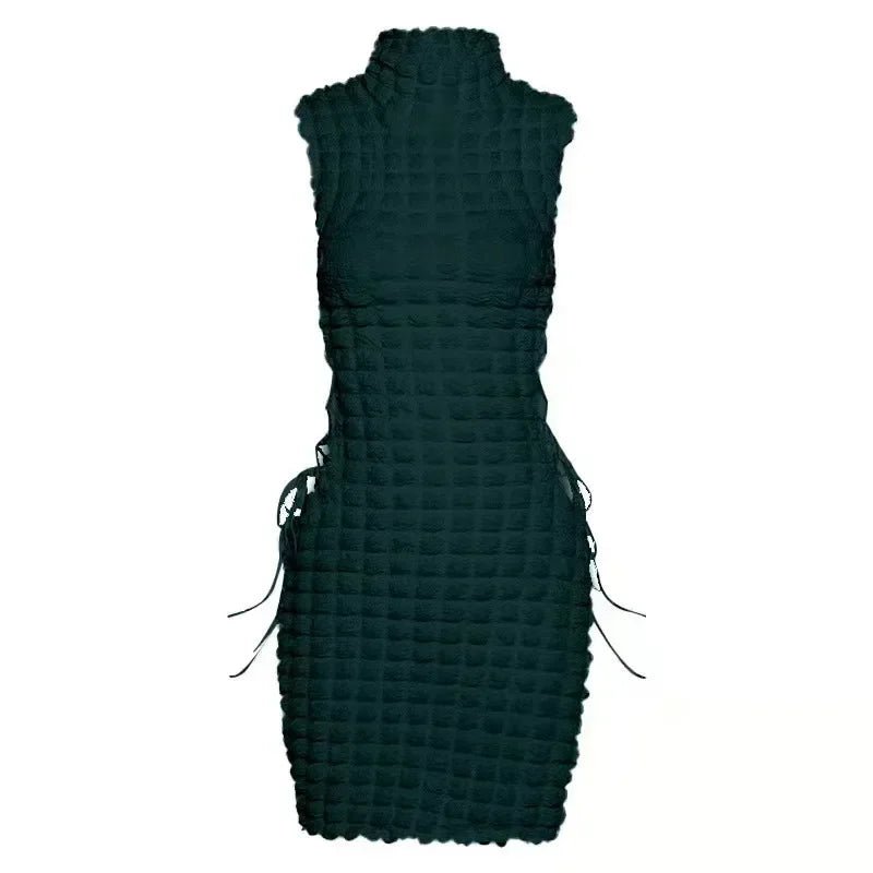 CM.YAYA Lace Up Side Hollow Out Seersucker Sleeveless Turtleneck Bodycon Midi Dress Women 2022 Summer Chic Ins Dresses - MAGUSTA BEAUTY