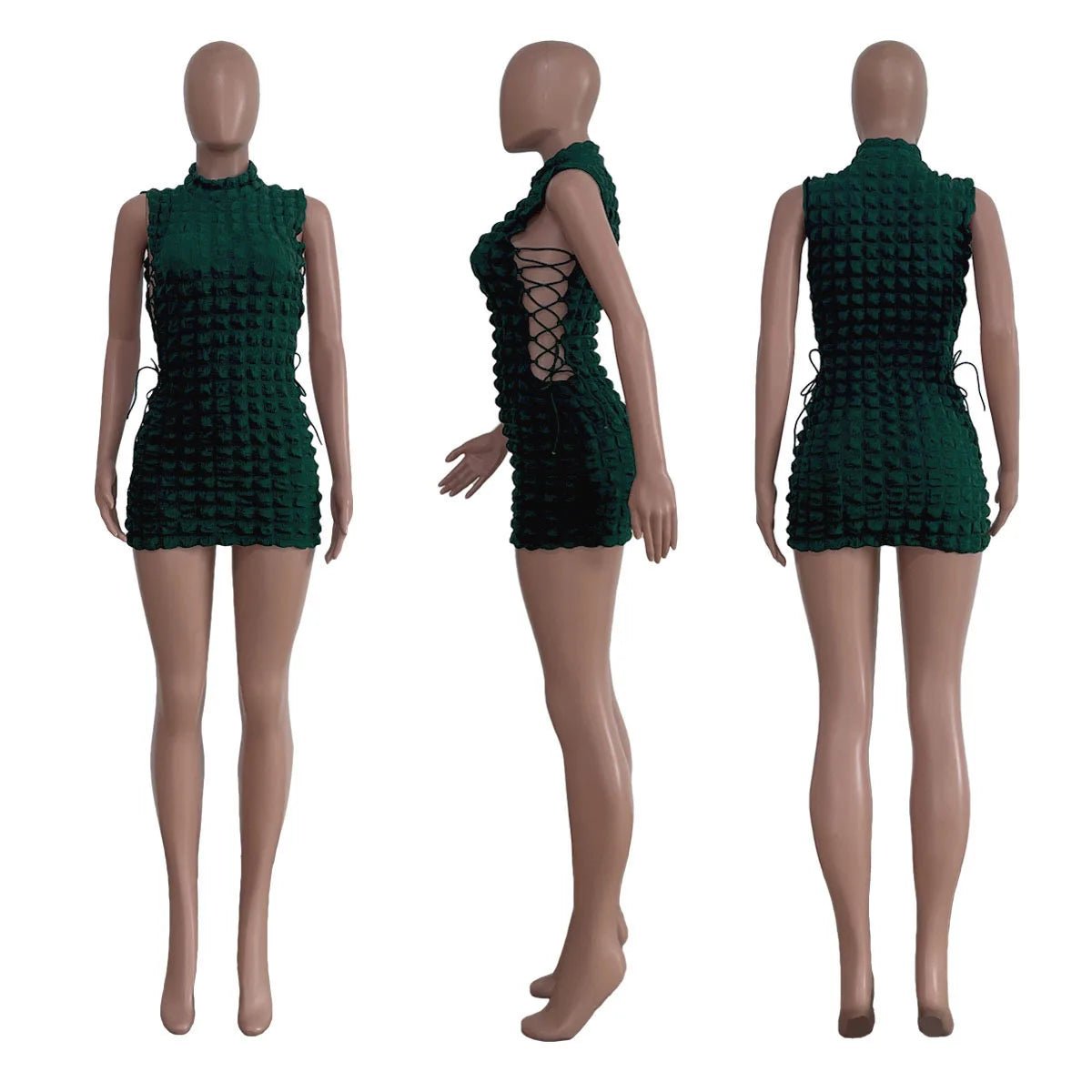 CM.YAYA Lace Up Side Hollow Out Seersucker Sleeveless Turtleneck Bodycon Midi Dress Women 2022 Summer Chic Ins Dresses - MAGUSTA BEAUTY