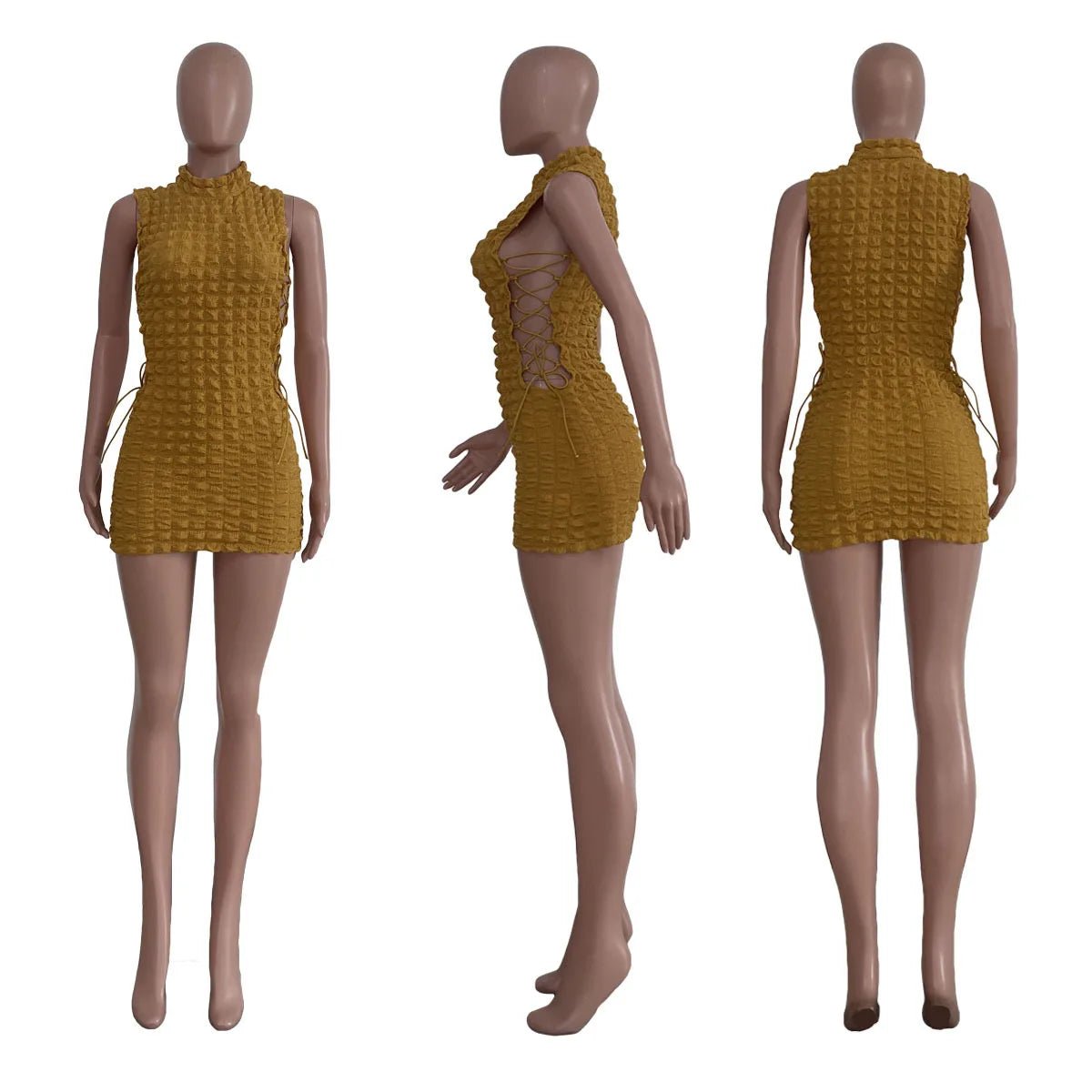 CM.YAYA Lace Up Side Hollow Out Seersucker Sleeveless Turtleneck Bodycon Midi Dress Women 2022 Summer Chic Ins Dresses - MAGUSTA BEAUTY
