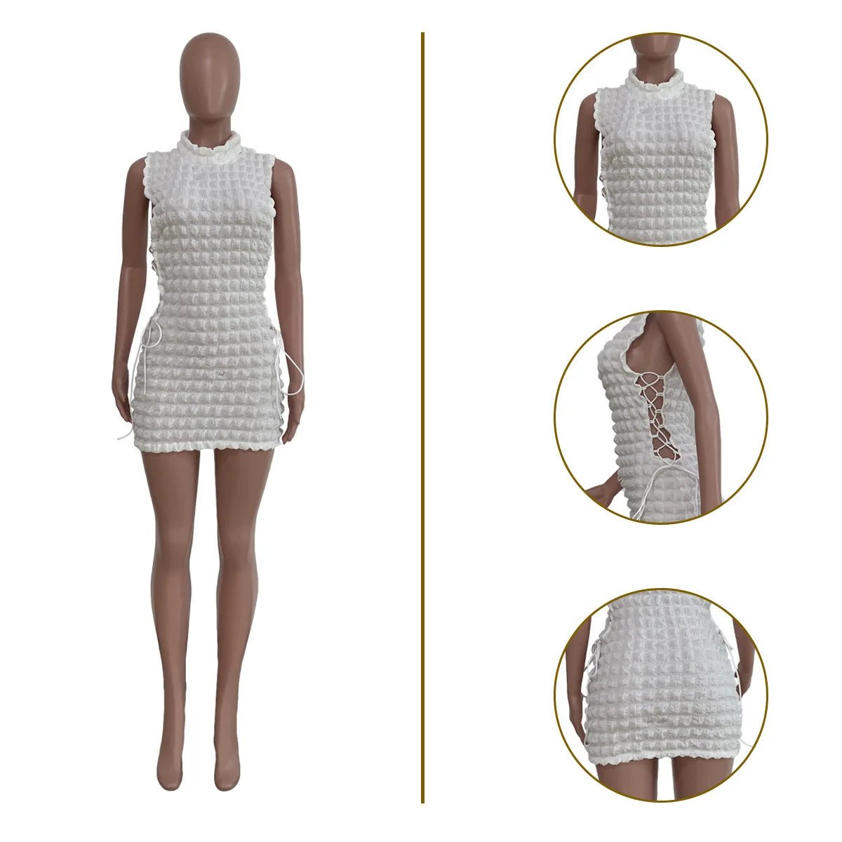 CM.YAYA Lace Up Side Hollow Out Seersucker Sleeveless Turtleneck Bodycon Midi Dress Women 2022 Summer Chic Ins Dresses - MAGUSTA BEAUTY